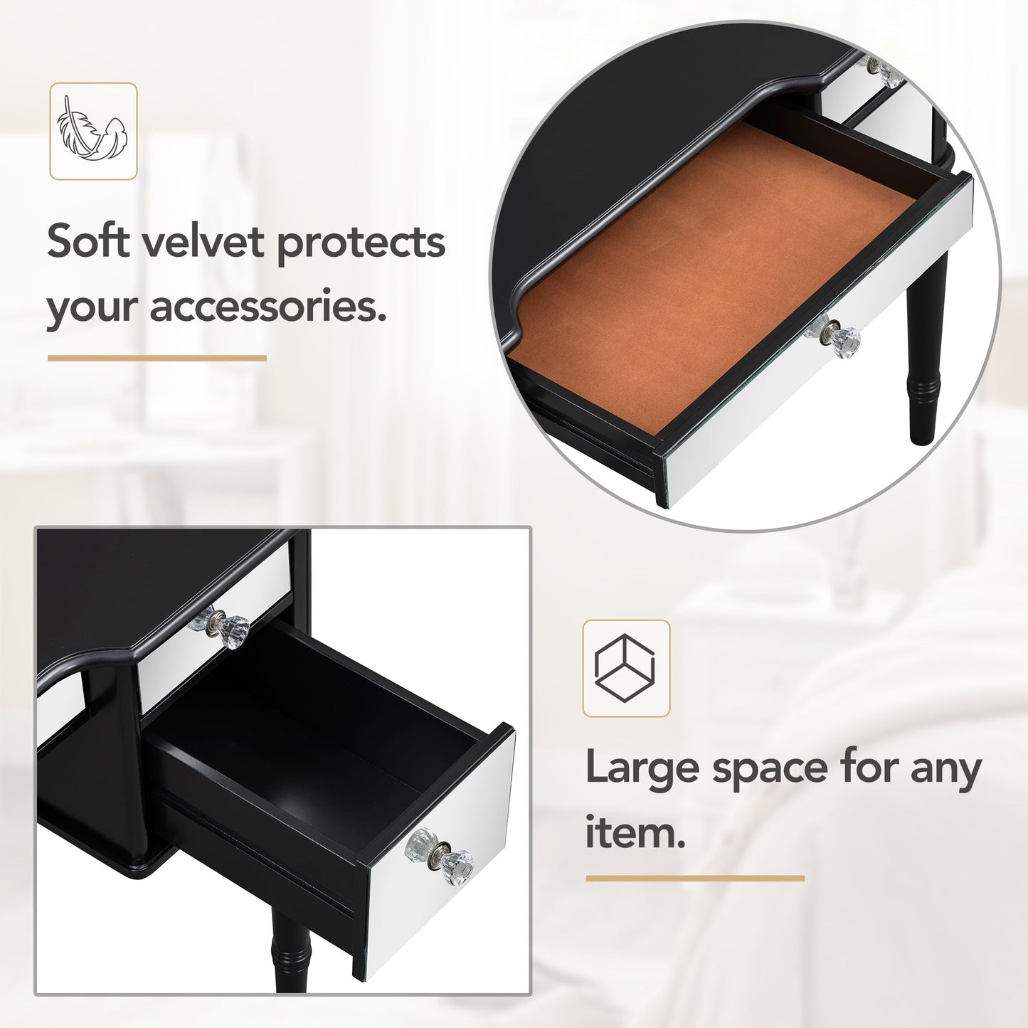 GO 43" Dressing Table Set with Mirrored Drawers and Stool, Tri-fold Mirror, Makeup Vanity Set for Bedroom, Black - Korvel