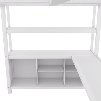 Metal loft bed with wardrobe and L-shaped desk, full-size loft bed with storage cabinet and shelf, white - Korvel