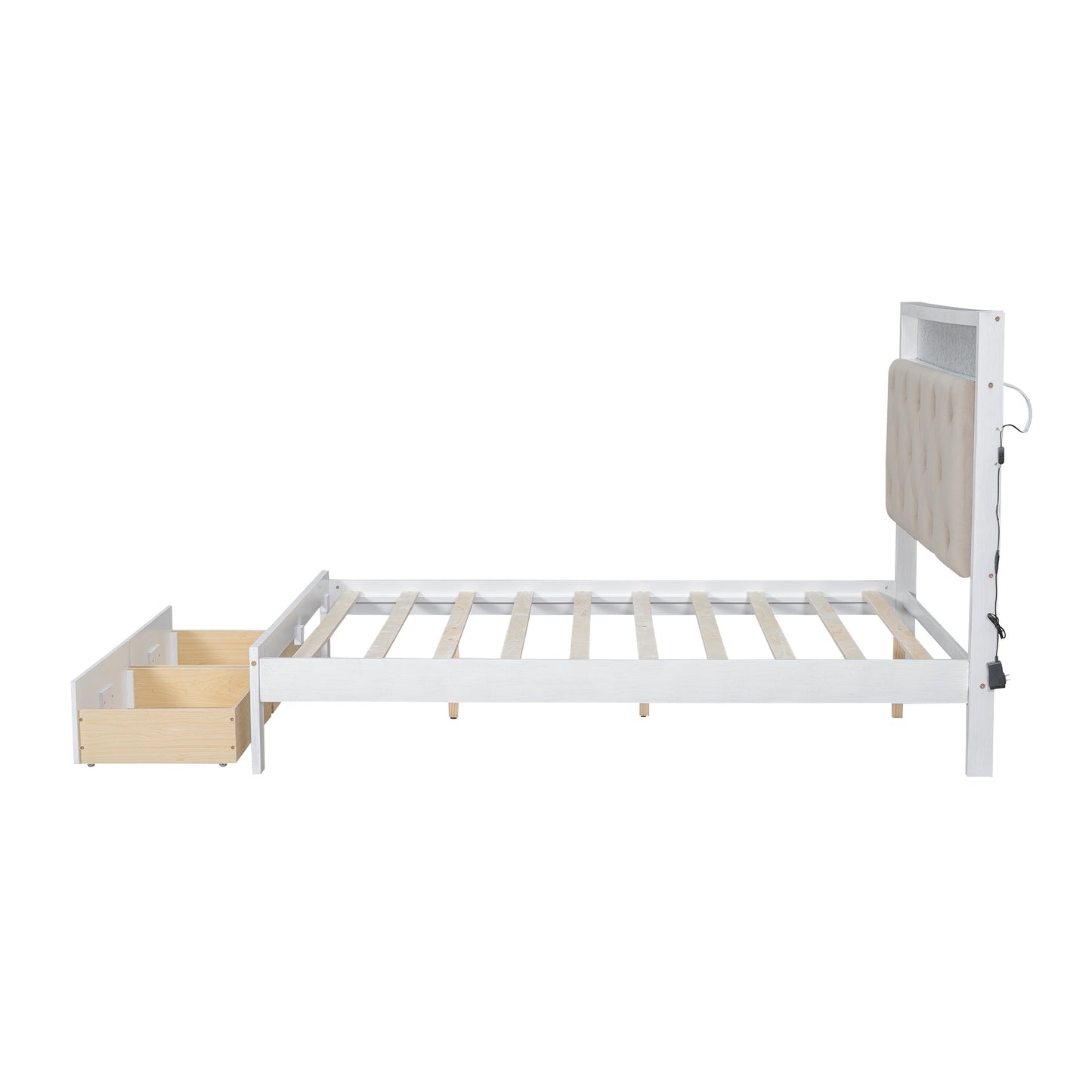 Wood Full Size Platform Bed with Upholstered Headboard and LED and 2 Drawers, Antique White - Korvel