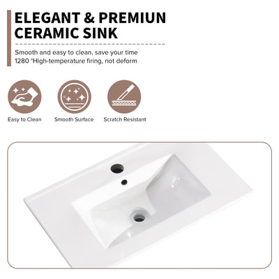 30 Inch Bathroom Ceramic Sink Basin, White - Korvel