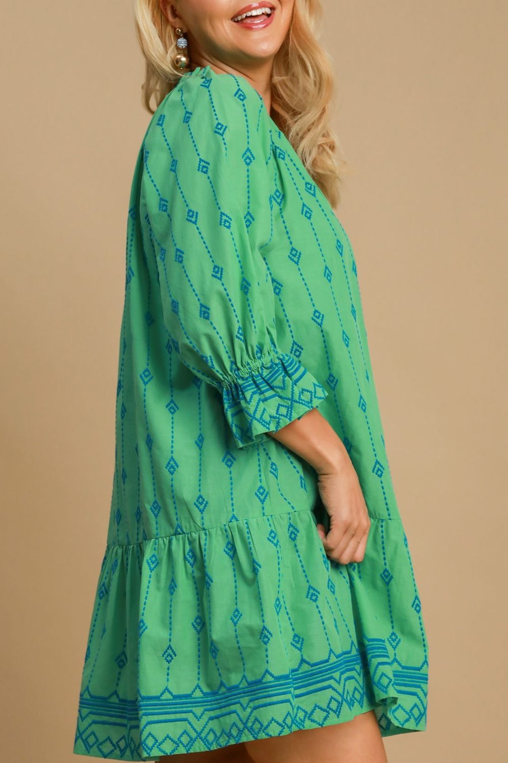 Plus Size Tassel Embroidered Sleeve Mini Dress in Green