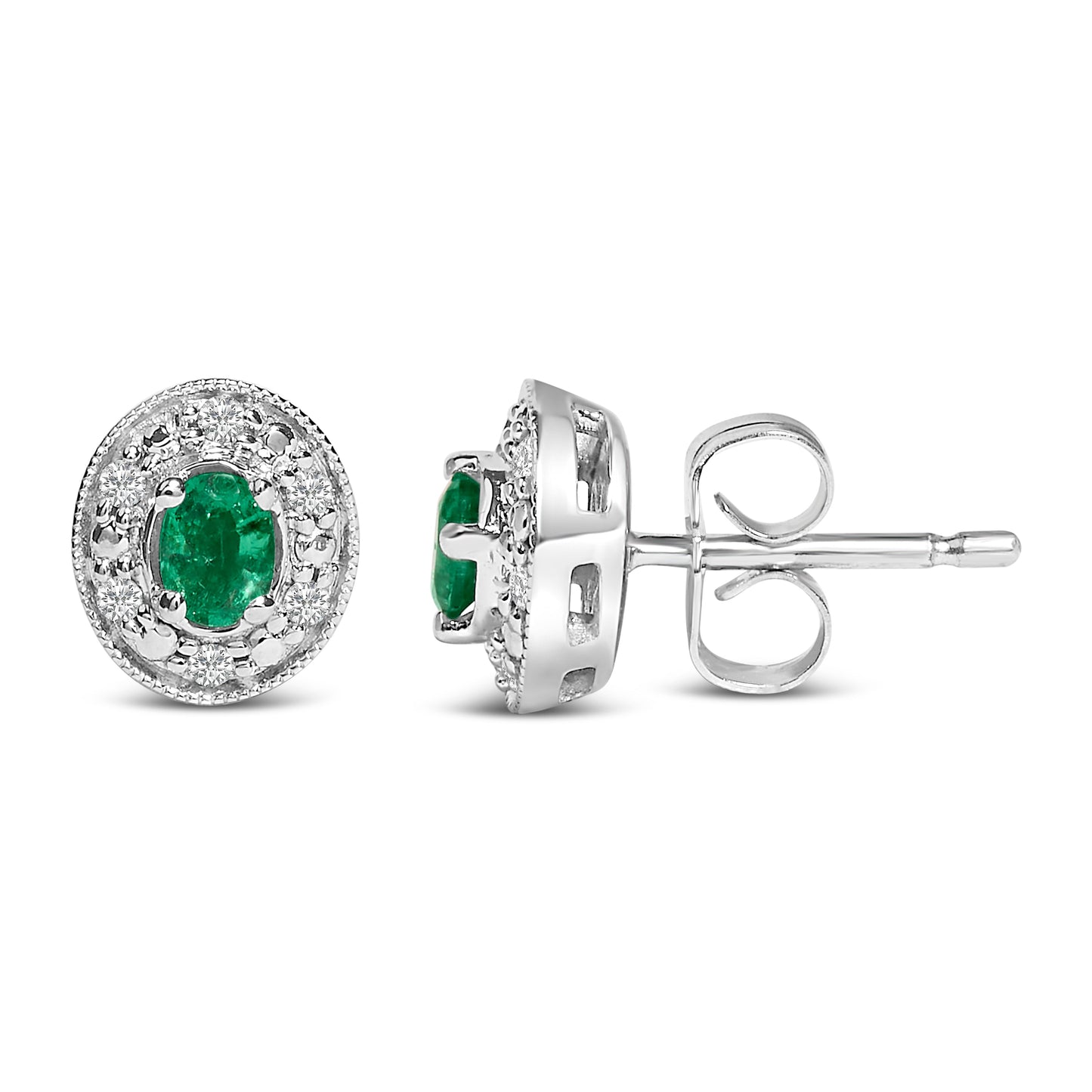 Boucles d'oreilles en or blanc 14K avec émeraude et halo de diamants