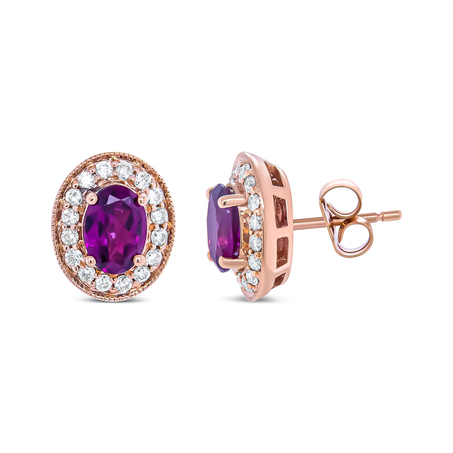 14K Rose Gold Garnet and Diamond Halo Stud Earrings