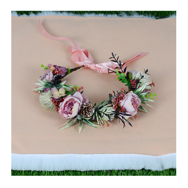 Vintage flower wreath autumn pine cone handmade simulation flower bridal hair accessory Hanfu headwear female - Korvel