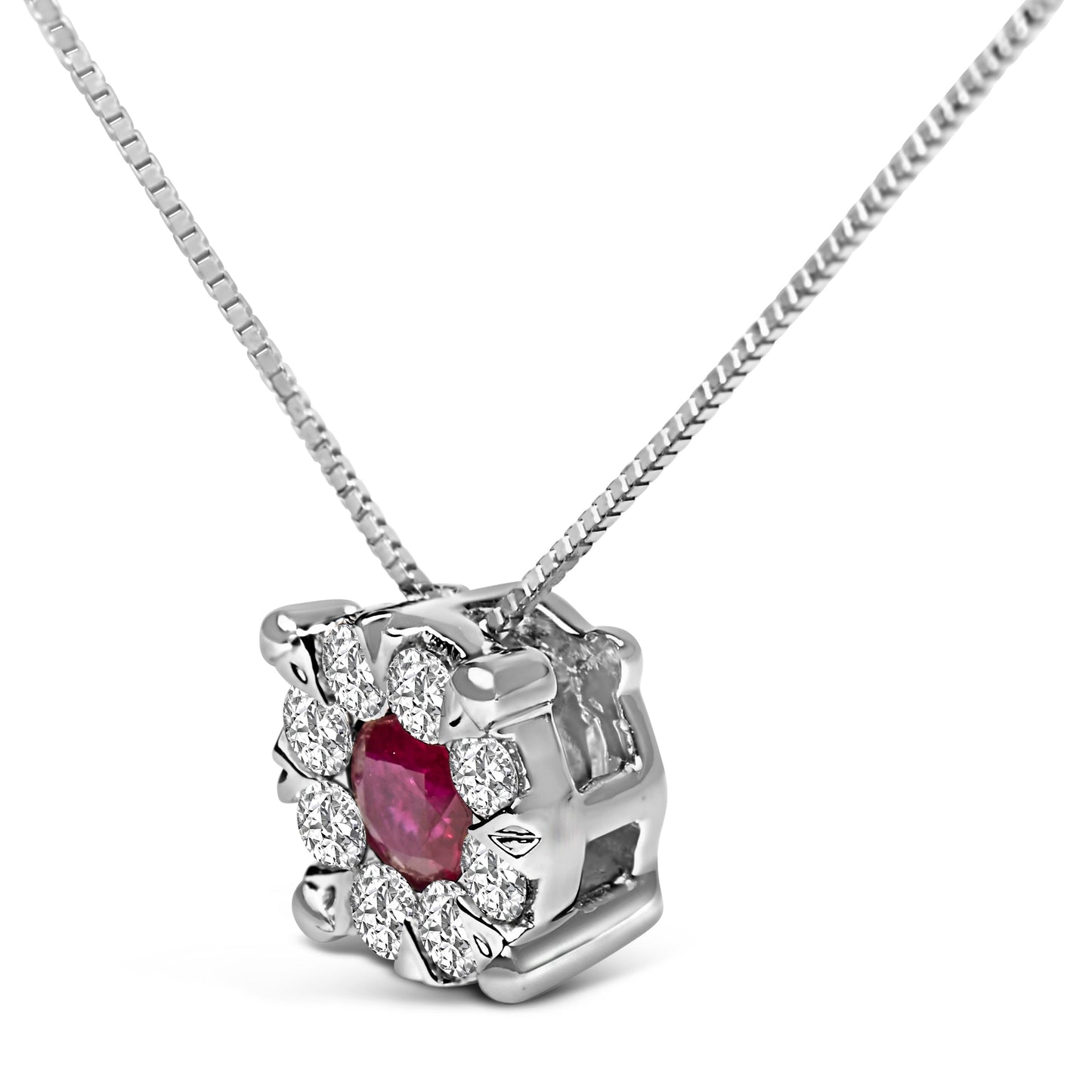 Pendentif en or blanc 14K avec rubis et diamants en halo