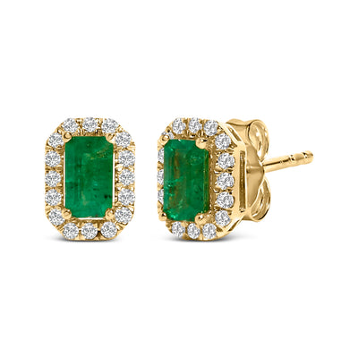 14K Yellow Gold Emerald and Diamond Halo Octagonal Stud Earrings