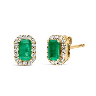 10K Yellow Gold Emerald-Cut Green Emerald & Diamond Halo Stud Earrings