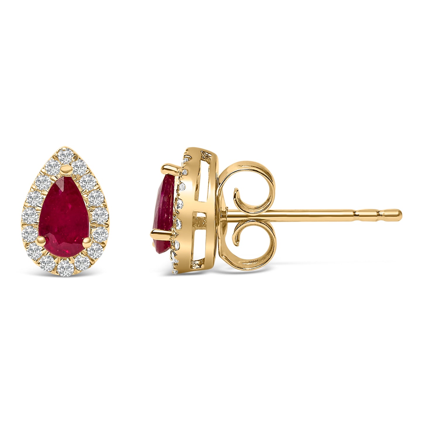 Pendientes de Stud Halo de Rubí y Diamante en Oro Amarillo de 10K