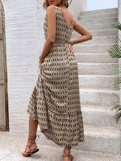 Chic Vintage V-Neck Midi Dress with Tie Waist - Effortlessly Elegant for Every Occasion - Korvel
