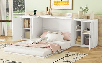 Full Size Murphy Bed with Shelves and USB Ports - White