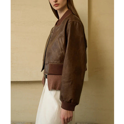 Retro-Inspired Zippered Leather Bomber Jacket