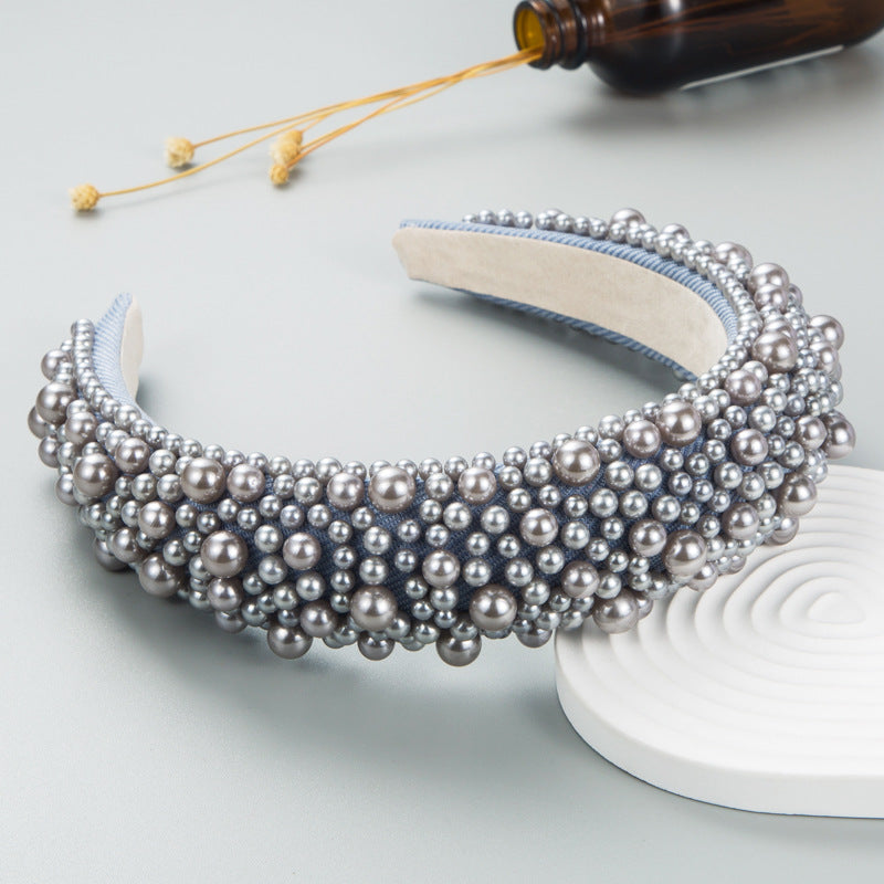 Hair Hoop Baroque Sponge Pearl Hair Accessories Women's Handmade Beaded Multicolor European and American Broad-brimmed Headband - Korvel