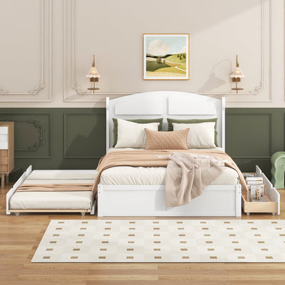 Elegant White Wood Queen Size Platform Bed with Trundle