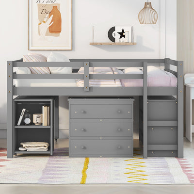 Low Study Full Loft Bed with Cabinet Shelves and Rolling Portable Desk Multiple Functions Bed- Gray - Korvel
