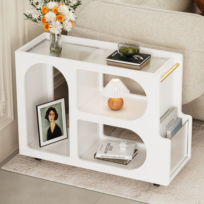 Elegant Mobile End Table with Lockable Wheels and Tempered Glass