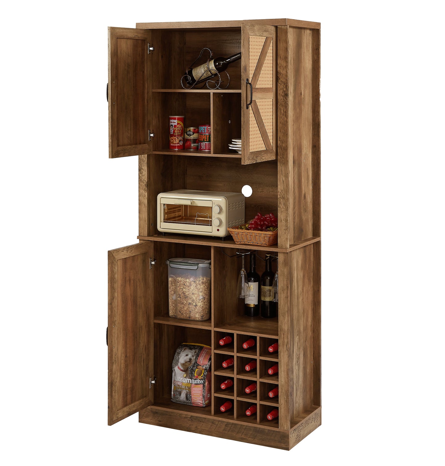 76-Inch Rustic Oak Farmhouse Wine Cabinet with Faux Rattan