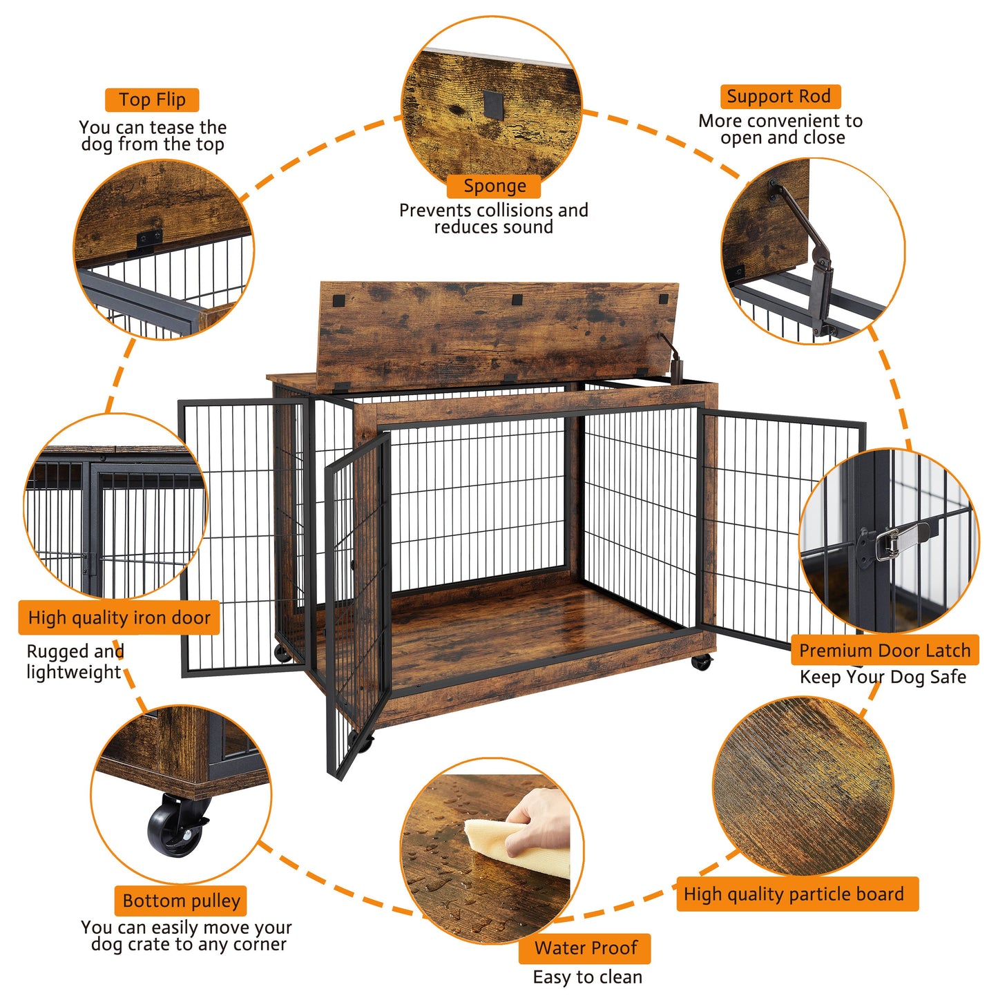 Rustic Brown Furniture Style Dog Crate Side Table on Wheels
