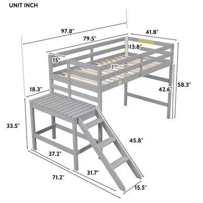 Premium Twin Loft Bed with Platform and Ladder in Grey