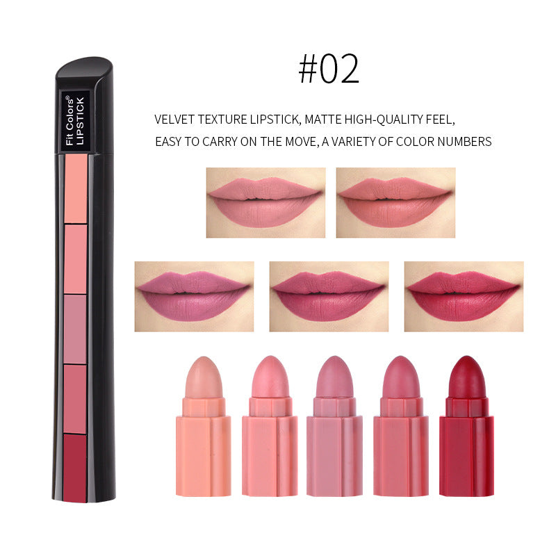Fit Colors Matte 5-Color Lipstick Combination 5 Matte Velvet Color Non-Stick Cup Lip Gloss Lipstick - Korvel