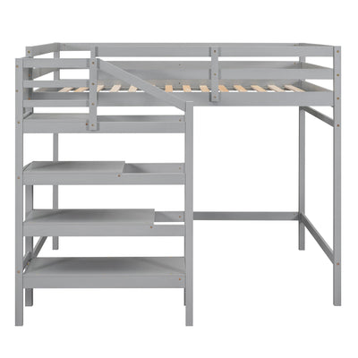 Full Size Loft Bed with Built-in Storage Staircase and Hanger for Clothes, Gray - Korvel