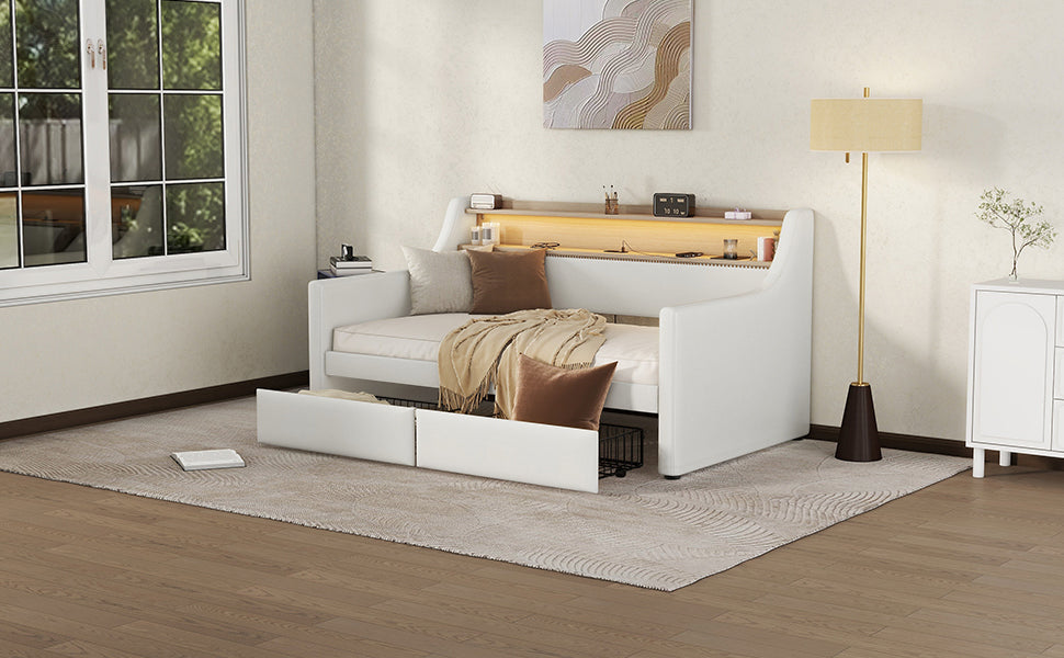 Twin Size Daybed with Drawers, Upholstered Daybed with Charging Station and LED Lights, White - Korvel