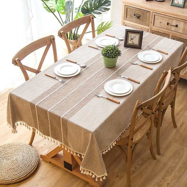 90x90 cm Plaid Decorative Linen Tablecloth with Tassels