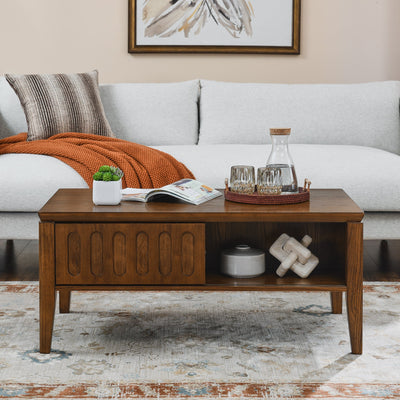 Medieval modern flute coffee table with storage sliding door and solid wood legs, vintage farmhouse wood central table - Korvel