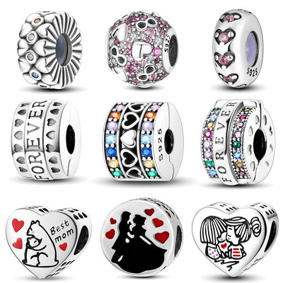 Copper plated S925 silver FOREVER colorful heart clip beads string DIY bracelet necklace - Korvel