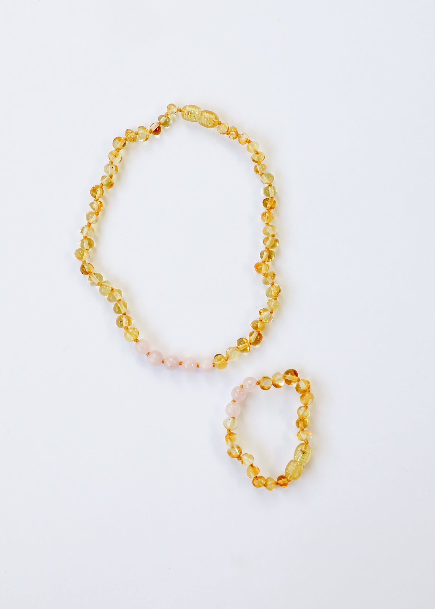 Collier en Ambre Baltique Miel Poli et Quartz Rose