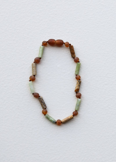 Pulsera/Anklet de Ámbar Báltico Cognac Crudo y Jade Verde