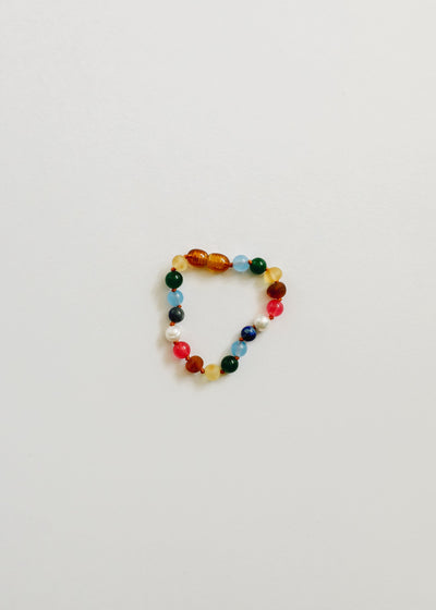 Pulsera de Ámbar Báltico Crudo y Perlas con Piedras Preciosas Rosadas