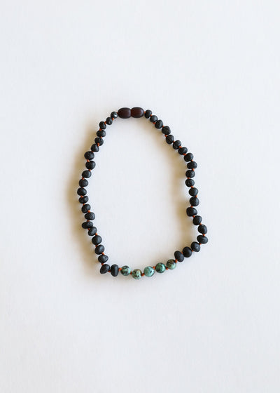 Raw Black Baltic Amber + Turquoise Jasper Necklace - Korvel