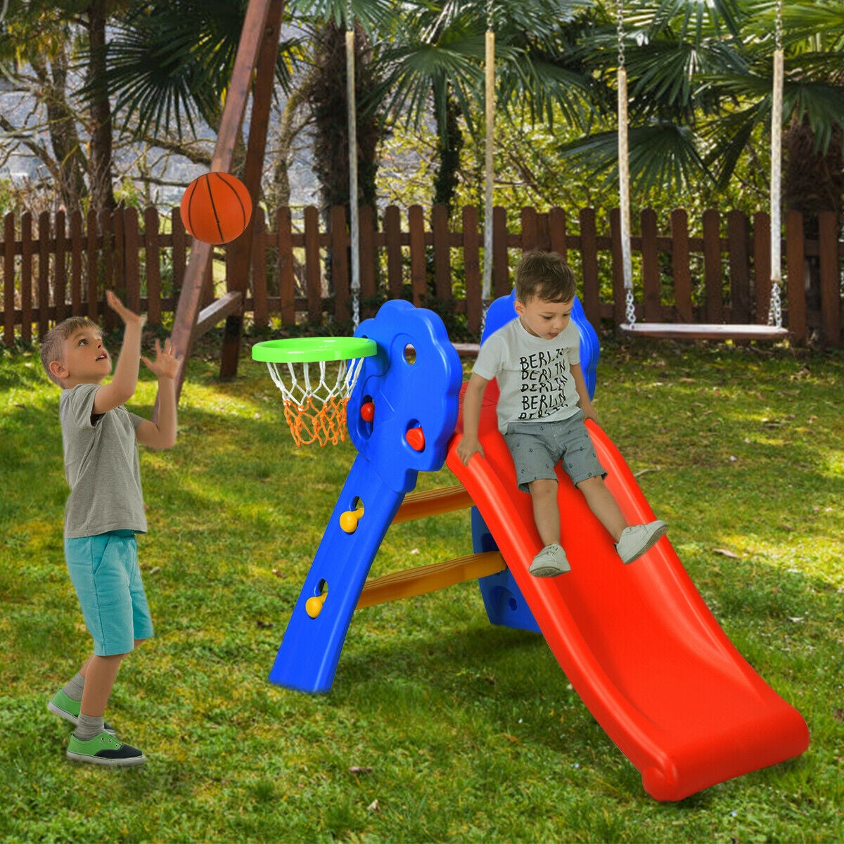 2 Step Indoor Kids Plastic Folding Slide with Basketball Hoop