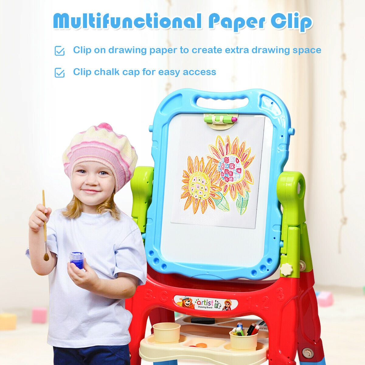 Height Adjustable Kids Art Easel - Magnetic Double Sided Board