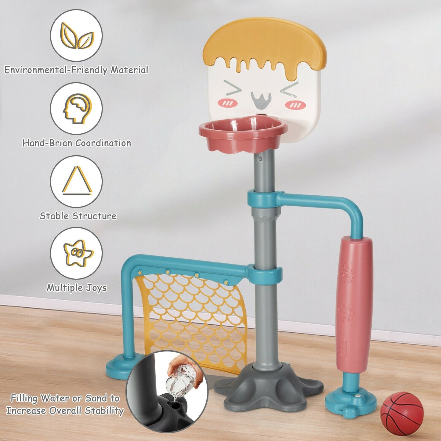 Ensemble de panier de basketball ajustable 3-en-1 avec but de soccer