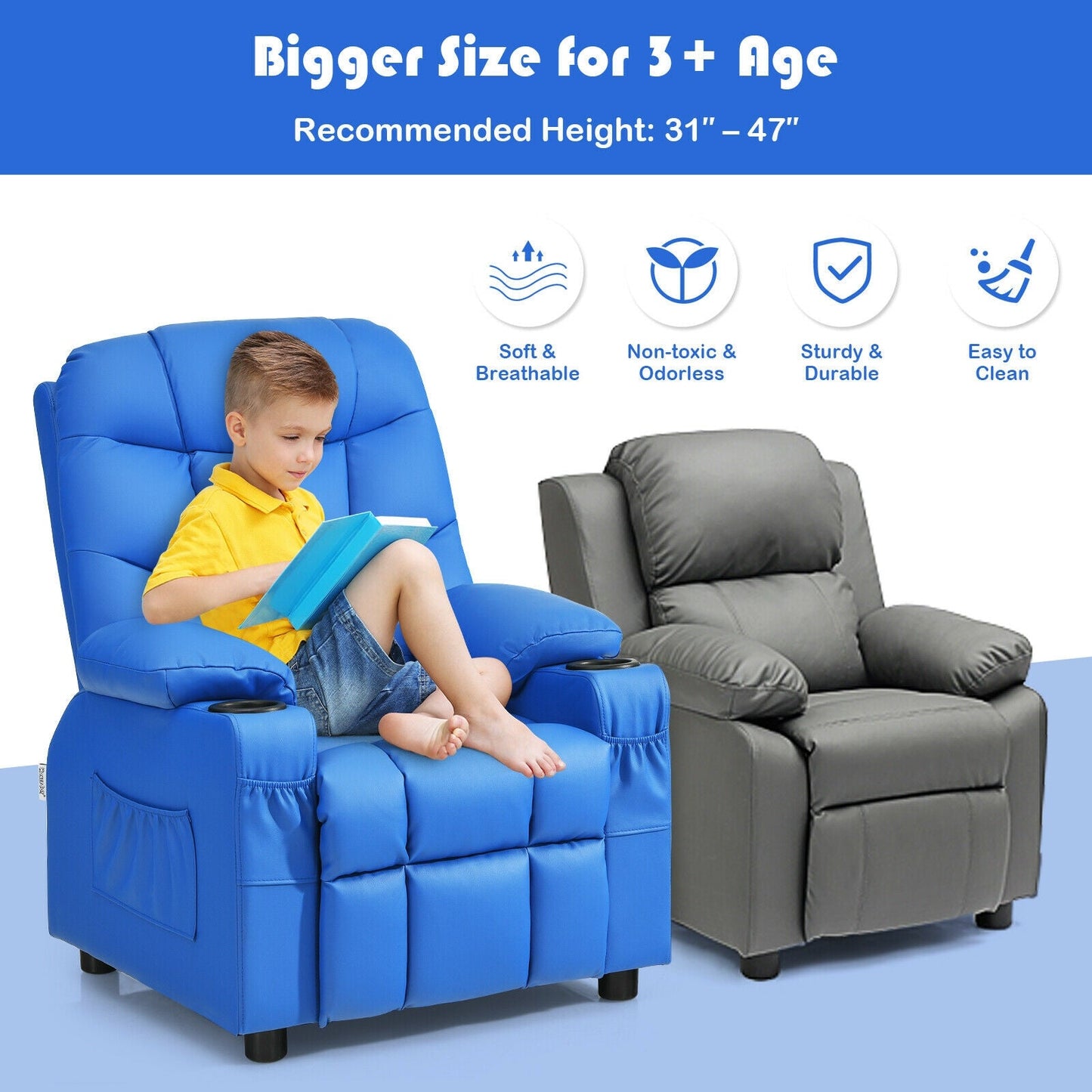 Sillón Reclinable para Niños con Portavasos y Reposapiés - Azul