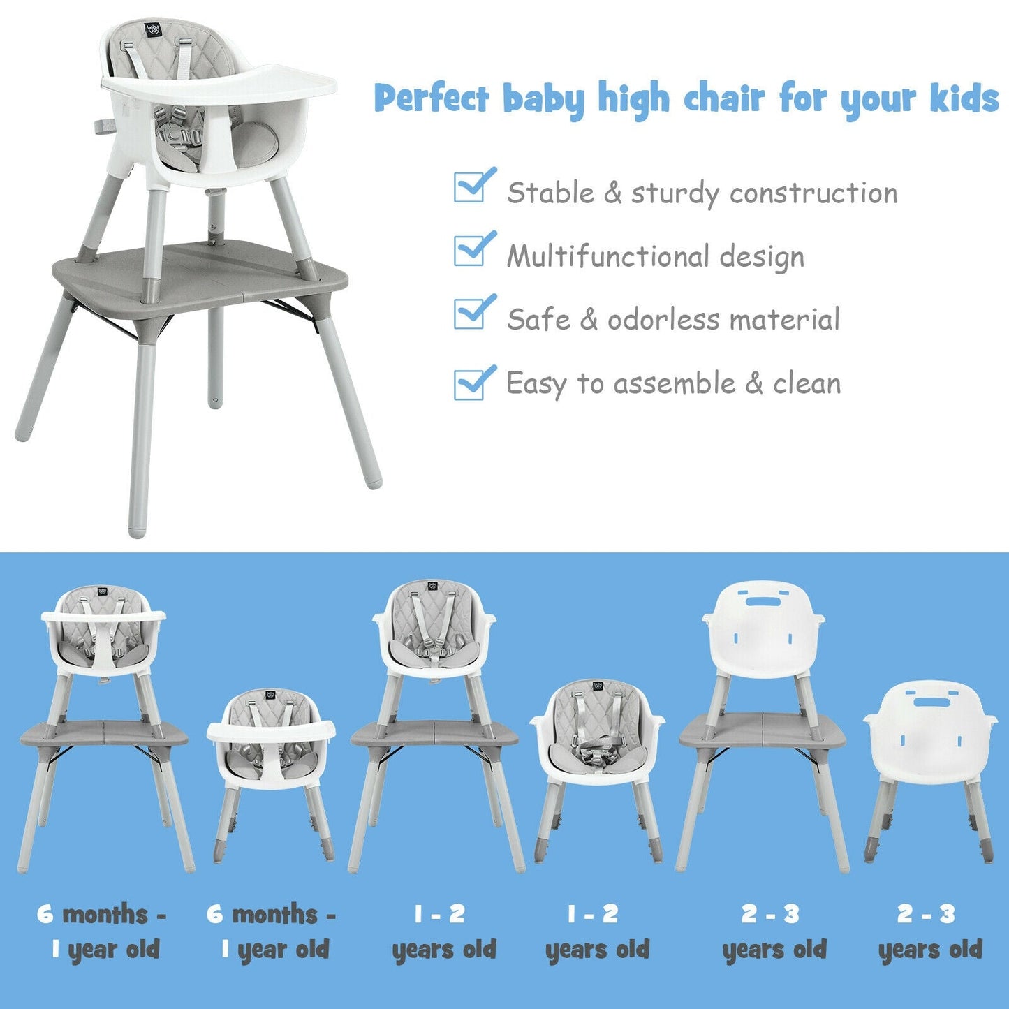 4-in-1 Baby Convertible Toddler Table Chair Set - Gray