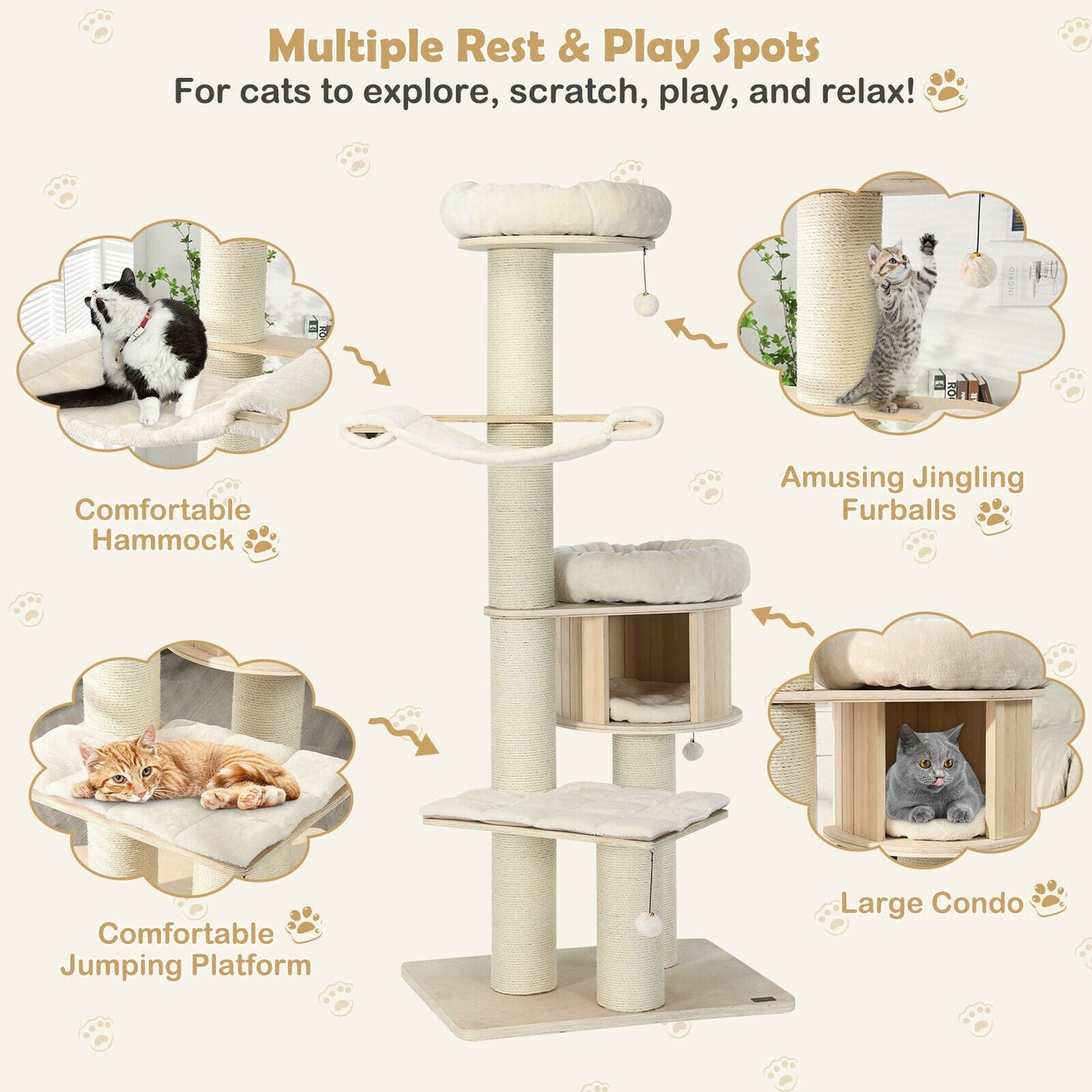 Arbre à chat en bois à 4 niveaux de 68,5 pouces avec poteaux en sisal