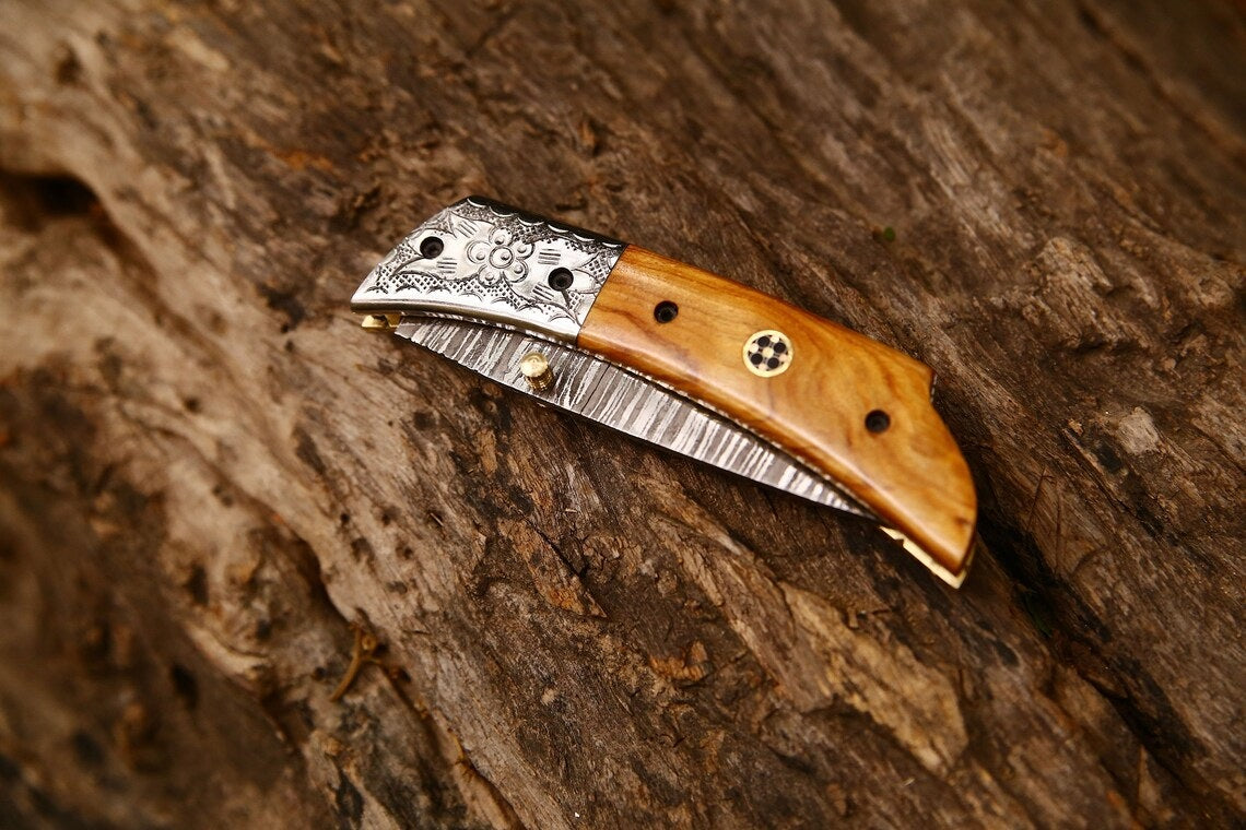 Custom Handcrafted Damascus Steel EDC Folding Knife | 3-Inch Blade, Olive Wood Grip, Leather Sheath | Perfect Gift - Korvel