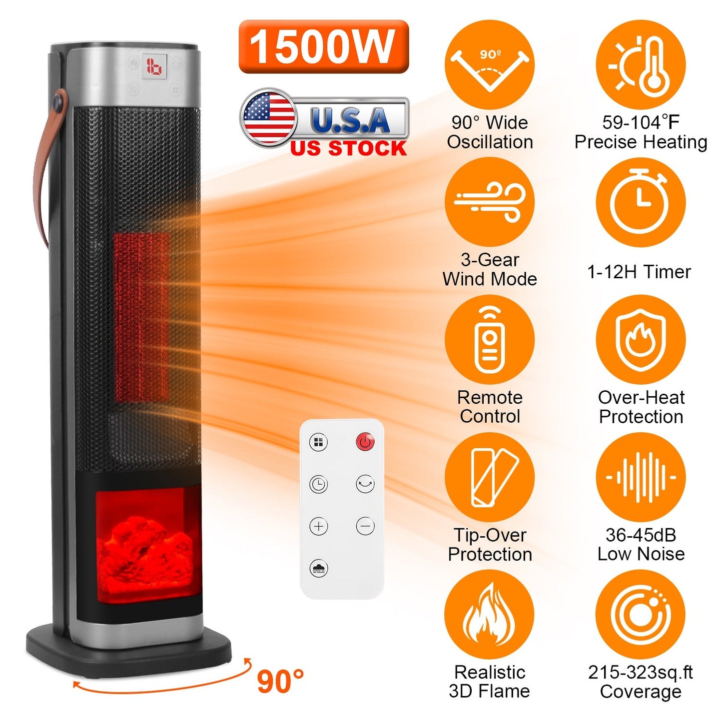 1500W Oscillating Ceramic Tower Space Heater with 3D Flame