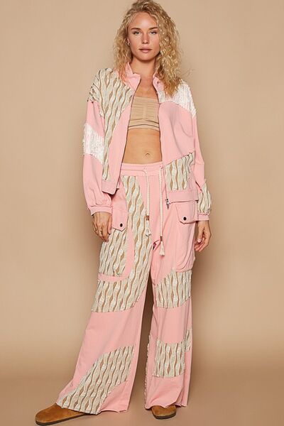 Modern Women Pink Applique Patchwork Zip-Up Jacket