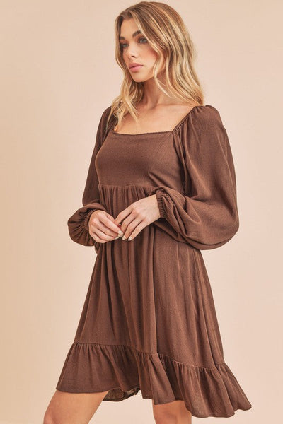 Elegant Ruffled Hem Square Neck Balloon Sleeve Mini Dress