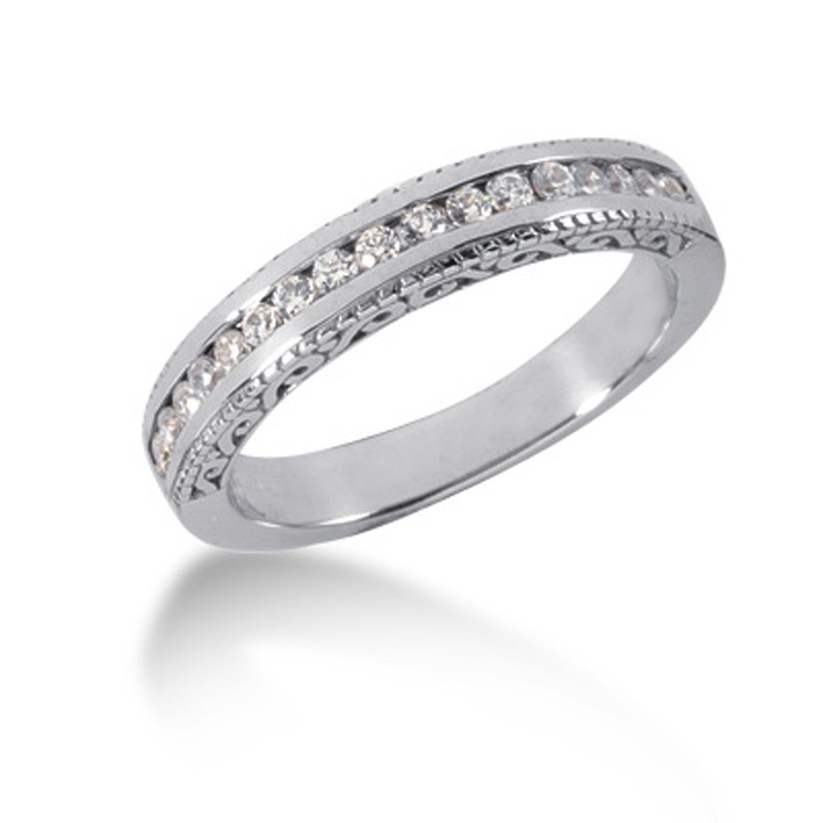 Anillo de boda vintage grabado en diamante de oro blanco de 14k