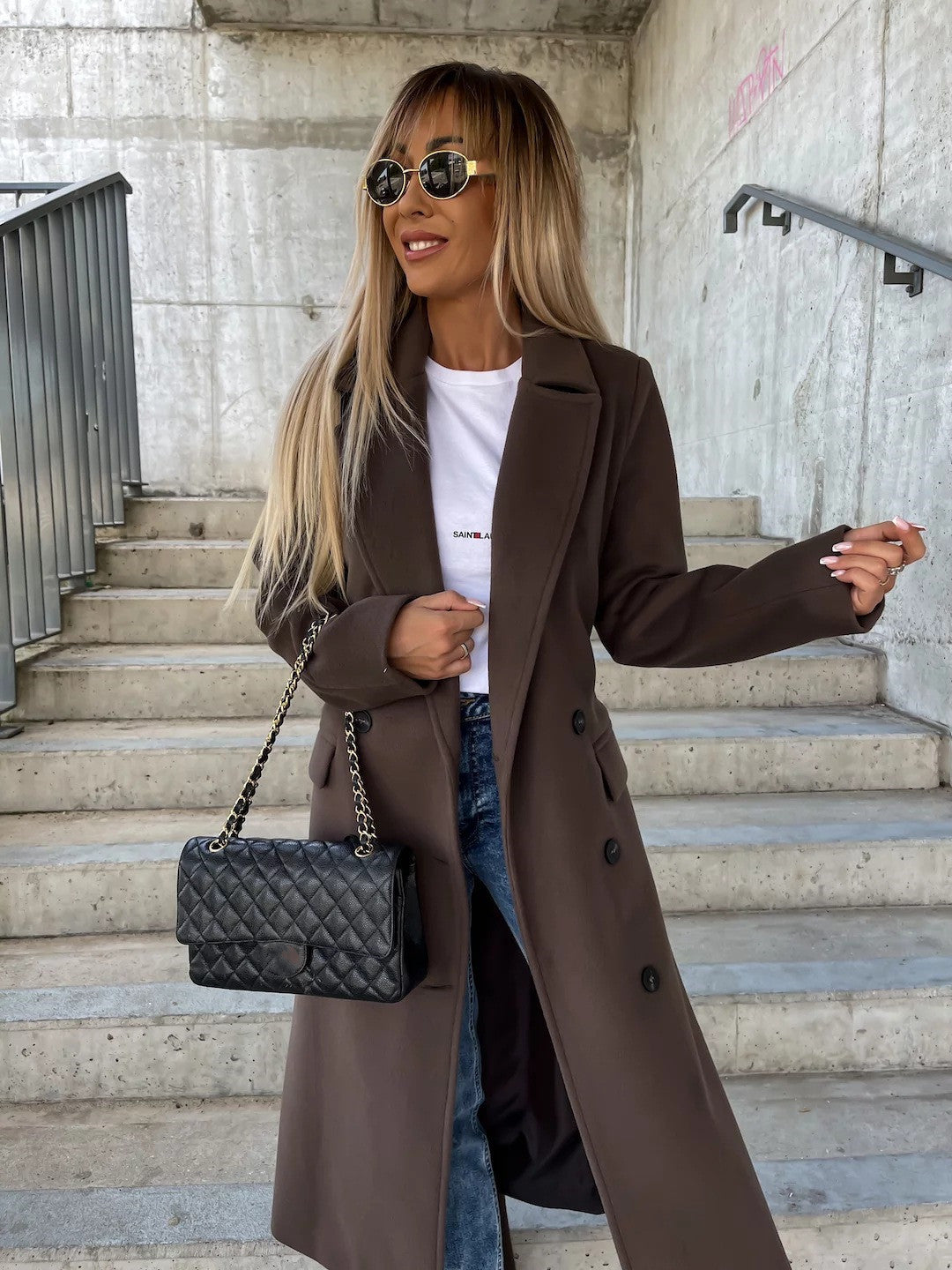 Double-Breasted Lapel Split Jacket with Belt for Women