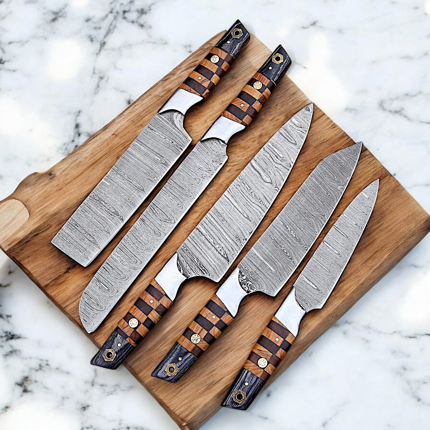 Artisan Crafted Damascus Steel Knife Set - 5 Essential Kitchen Knives with Leather Storage - Korvel
