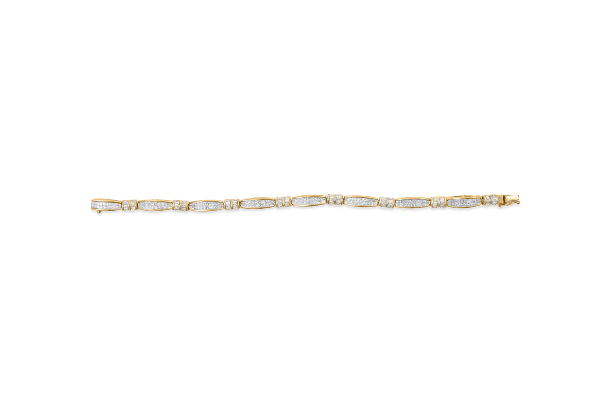 Bracelet en or jaune 14K avec diamants en perles et tailles princesse et baguette