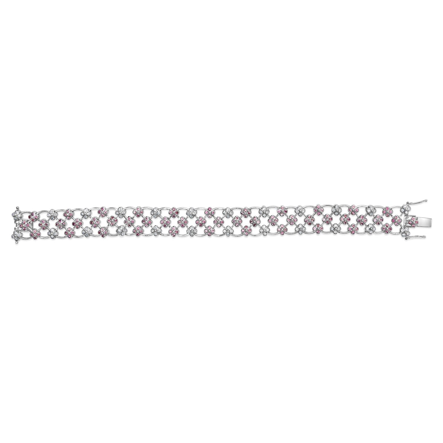 Pulsera Floral de Zafiro Rosa y Diamante en Oro Blanco de 14K - 7.25"