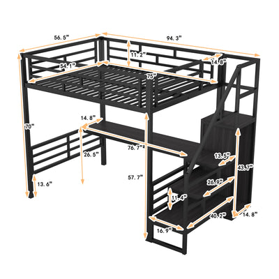 Full Size Metal Loft Bed with Desk and Storage Options