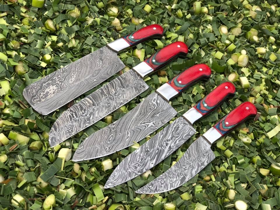 Exquisite 5-Piece Kitchen Knife Set with Twist Damascus Blades & Exotic Wood Handles - Culinary Excellence in Leather Roll - Korvel