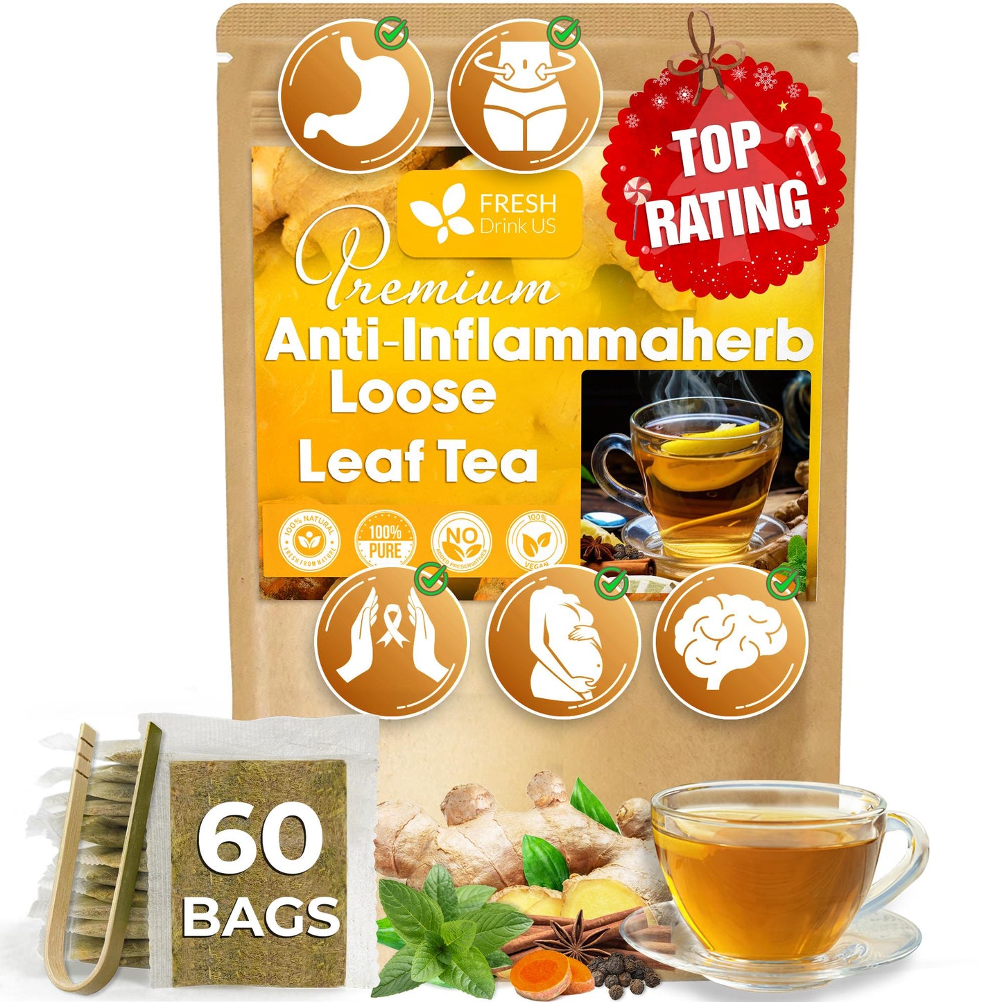 Té de hojas sueltas antiinflamatorio, 100 % natural, con jengibre, cúrcuma, menta, pimienta negra y canela.